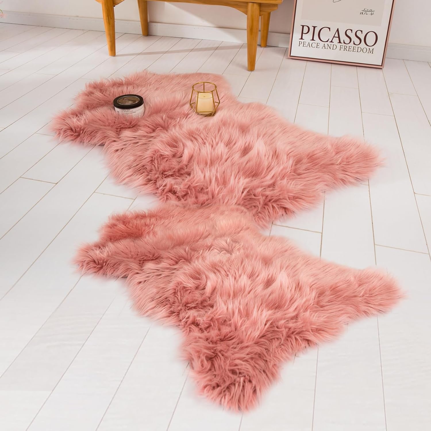 Faux Sheepskin Fur Area Rug Pink, 2X3 Feet, 2 Pack, Fluffy Soft Fuzzy Plush Shaggy Carpet Throw Rug for Indoor Floor, Sofa, Chair, Bedroom, Living Room, Home Decoration