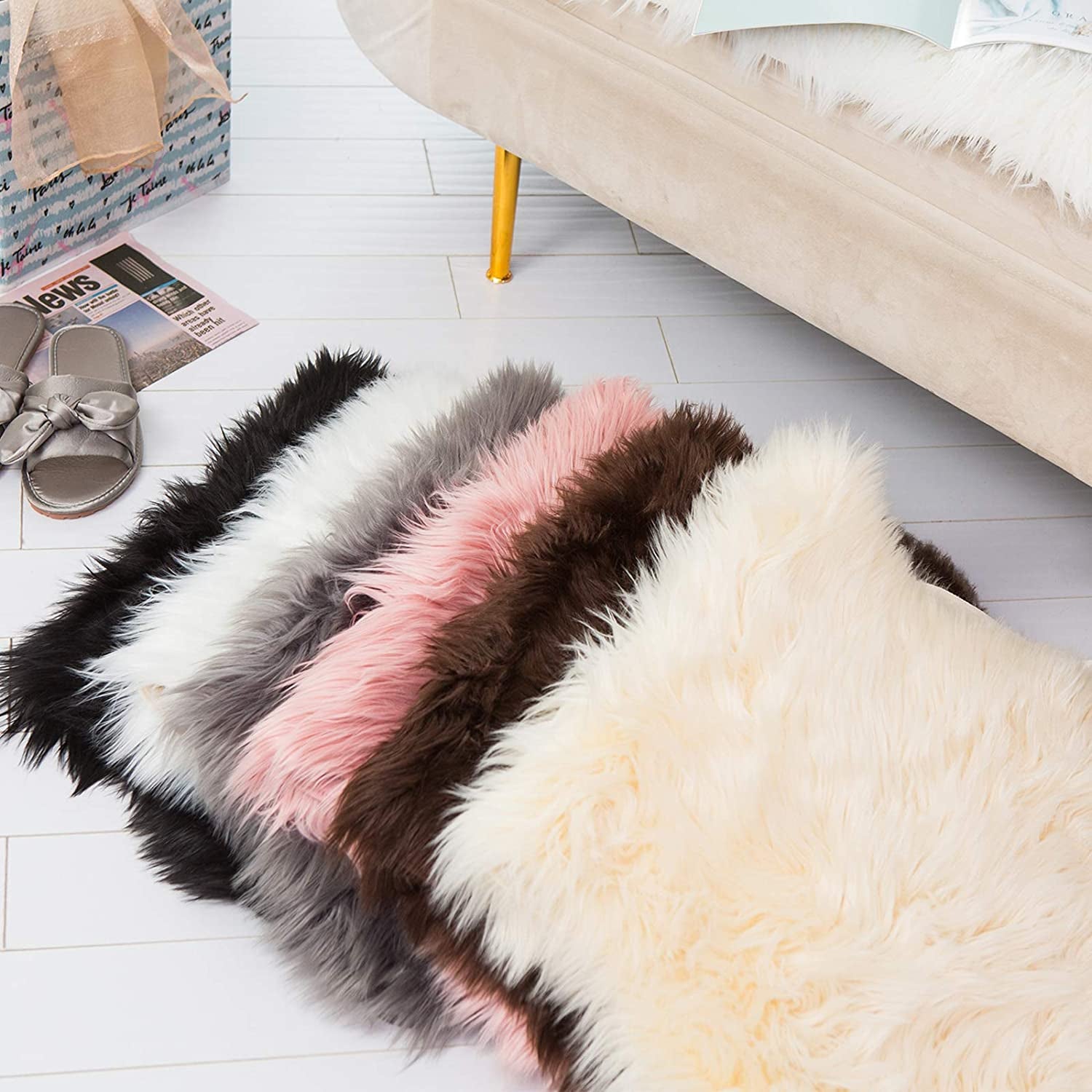 Faux Sheepskin Fur Area Rug Pink, 2X3 Feet, 2 Pack, Fluffy Soft Fuzzy Plush Shaggy Carpet Throw Rug for Indoor Floor, Sofa, Chair, Bedroom, Living Room, Home Decoration